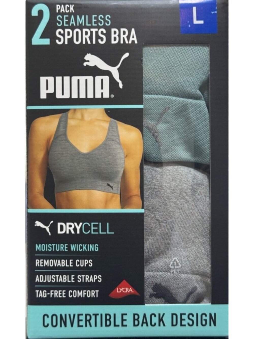 Puma L 2-Pack Seamless Athletic Sports Bra Set Adjustable Cross Back Activewear